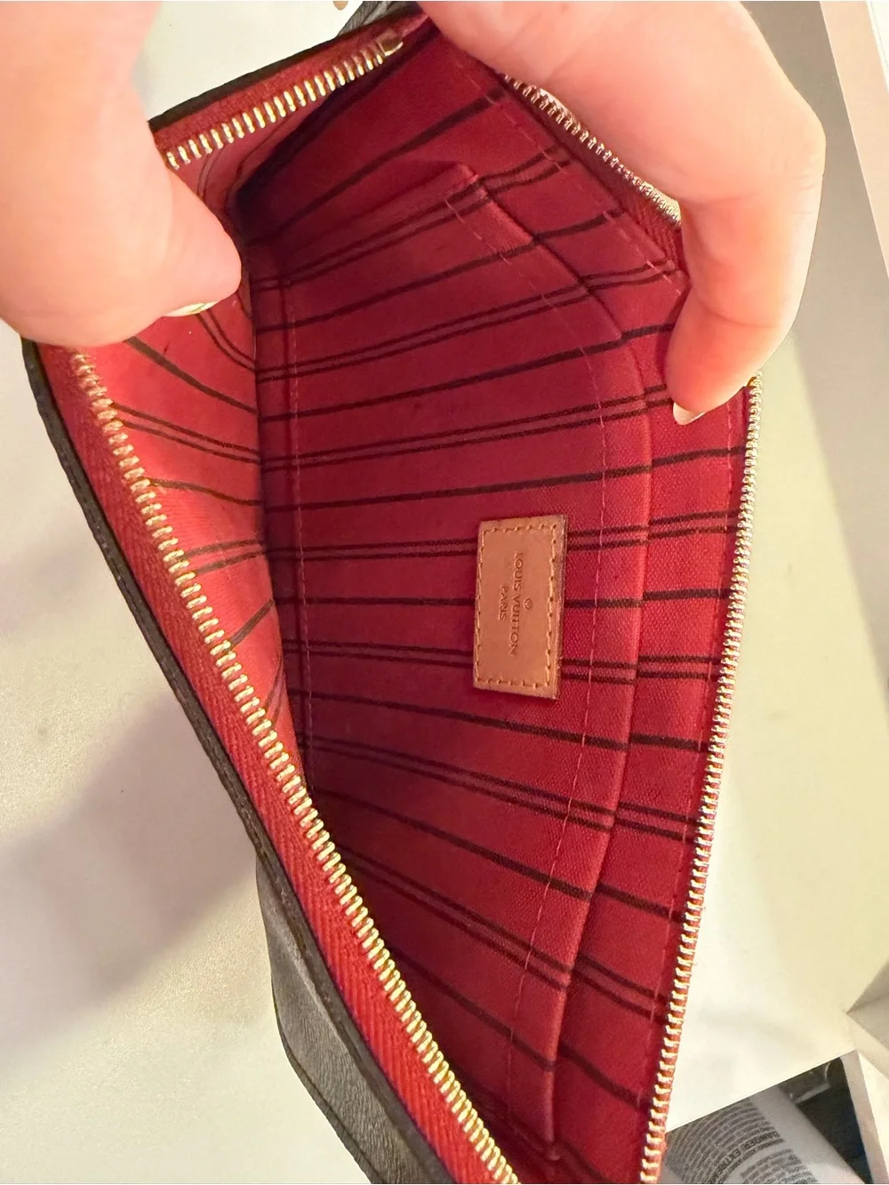 Louis Vuitton Brown Monogram Zip Pouch with Red Trim and Gold Hardware